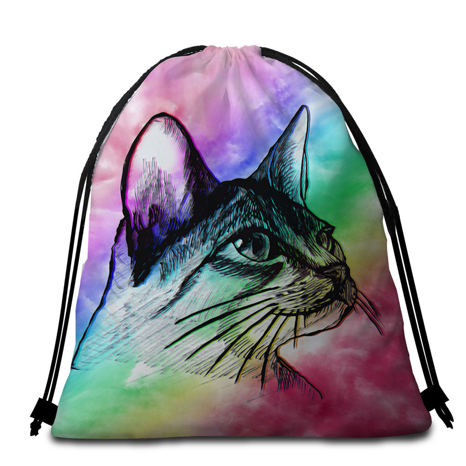 Art Cat Drawing over Colorful Fog Packable Beach Towel