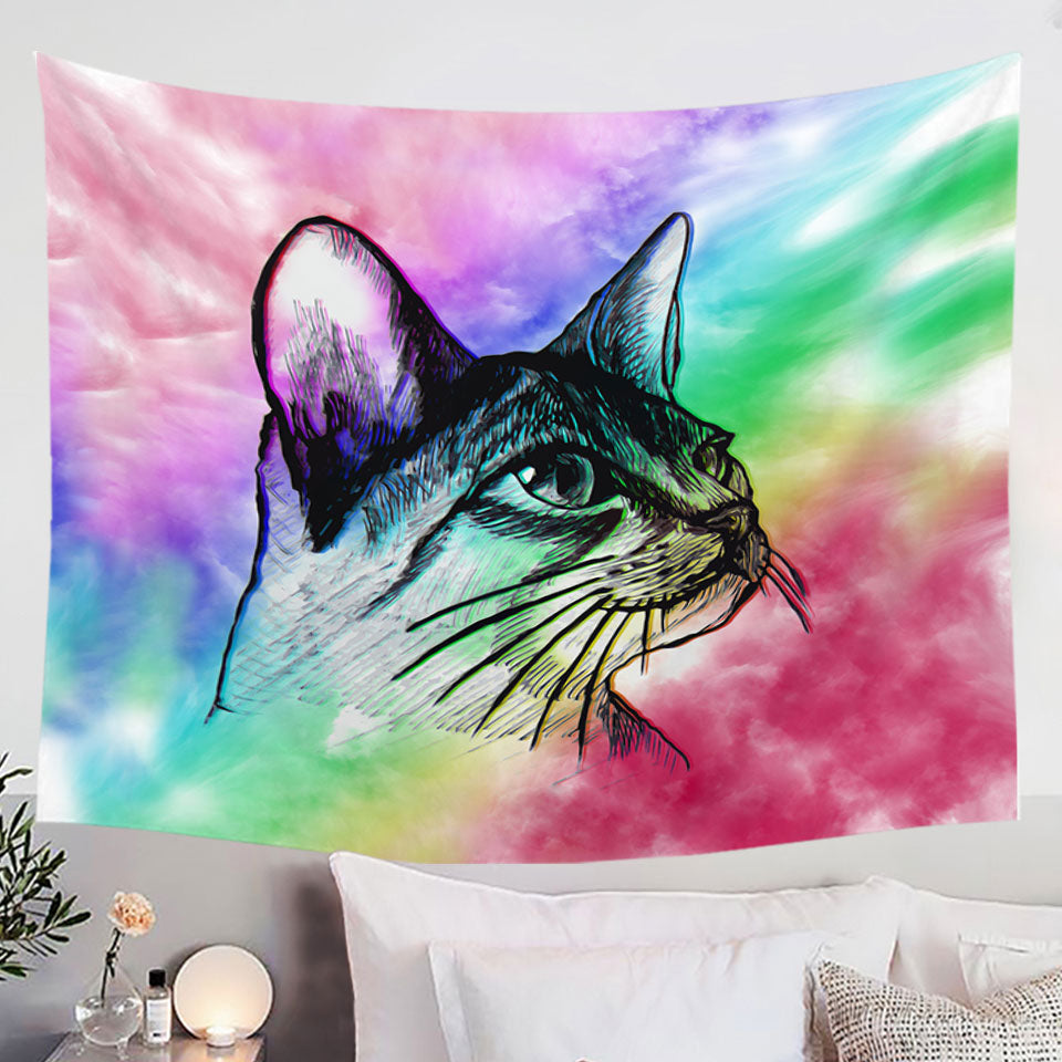 Art Cat Drawing over Colorful Fog Tapestry Wall Hanging