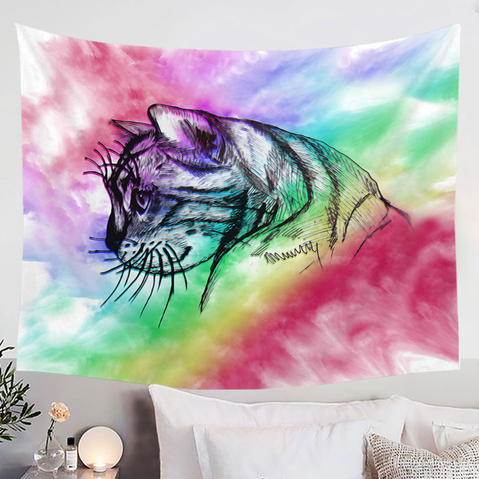 Art Cat Drawing over Rainbow Fog Wall Decor Tapestry