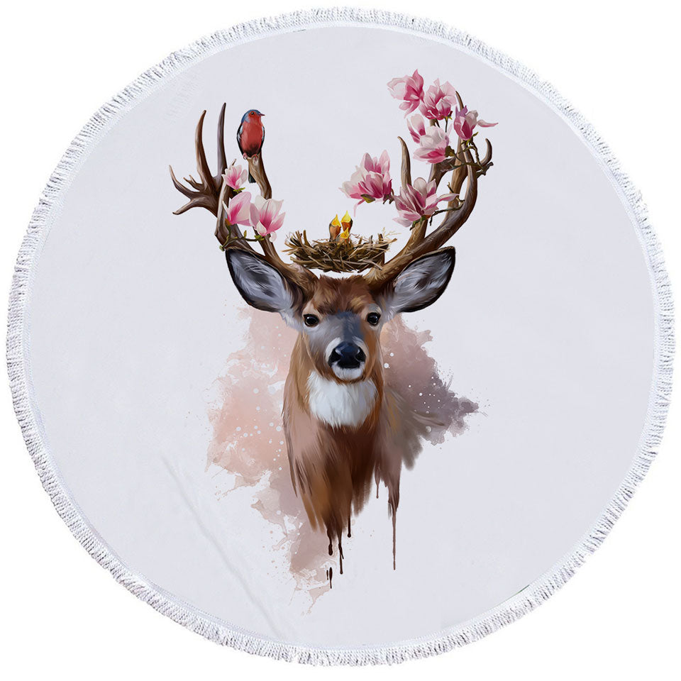 Art Circle Beach Towel Painting Cute Birds Nest on Deer Antlers