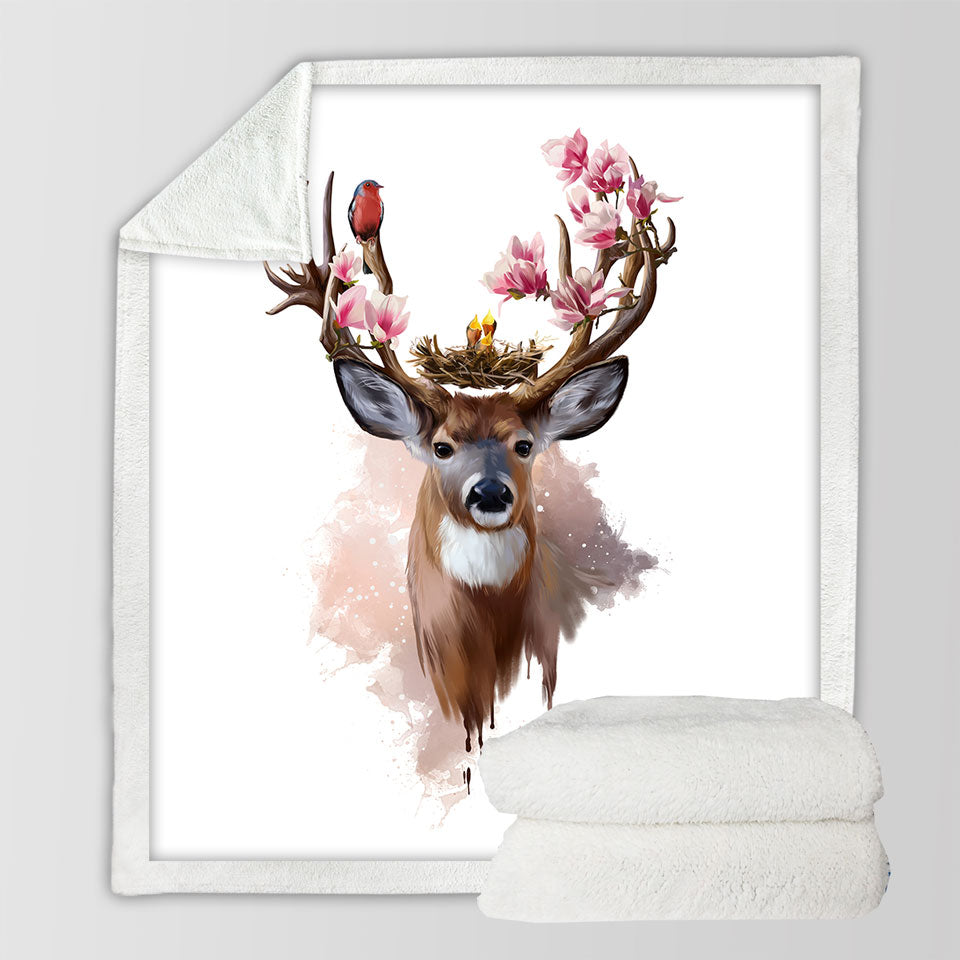 Art Couch Throws Painting Cute Birds Nest on Deer Antlers