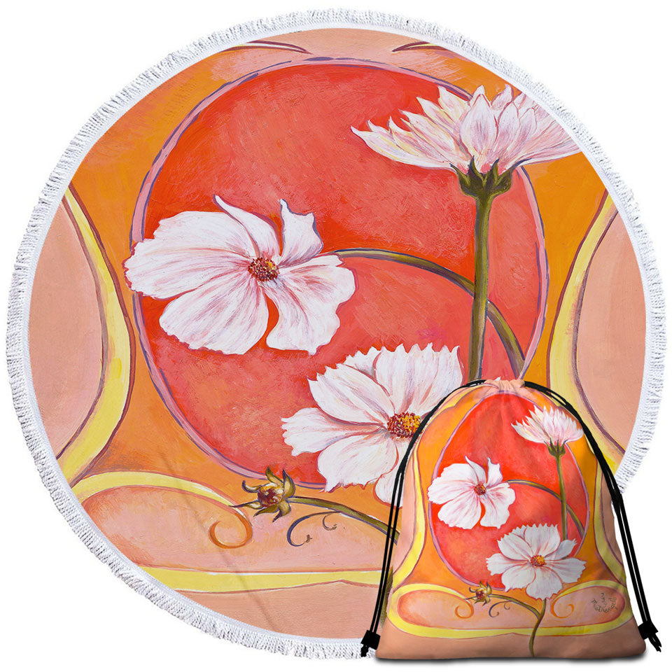 Art Deco Cosmos White Flowers Beach Towels and Bags Set