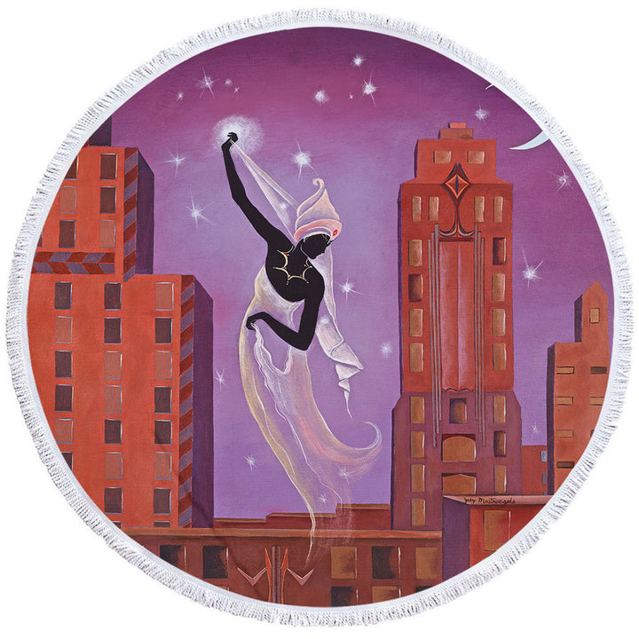 Art Deco Round Beach Towel Scarf Night City Dancing Painting