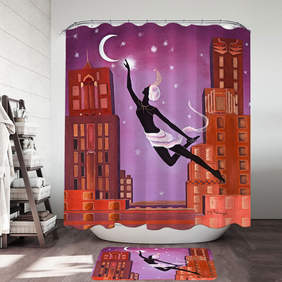 Art Deco Shower Curtain for Sale Gliding Night City Dancing Painting