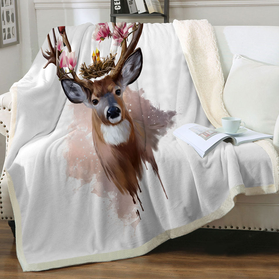 Art Decorative Blankets Painting Cute Birds Nest on Deer Antlers