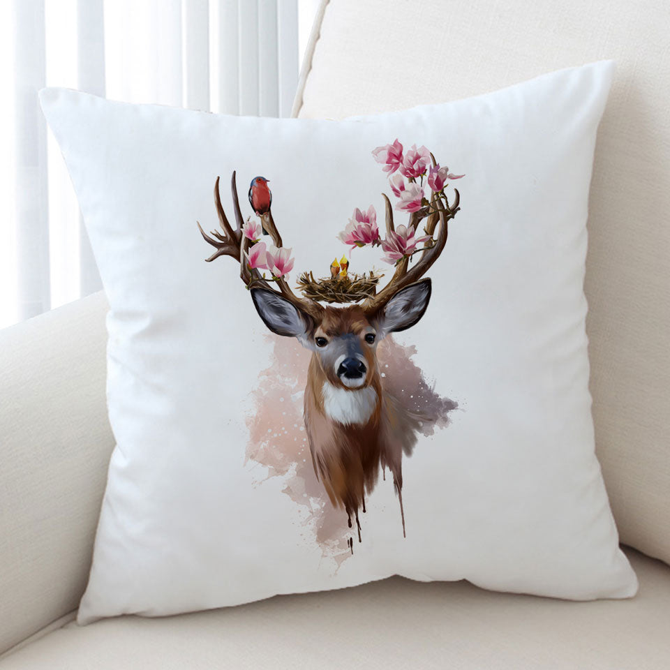 Art Decorative Pillows Painting Cute Birds Nest on Deer Antlers