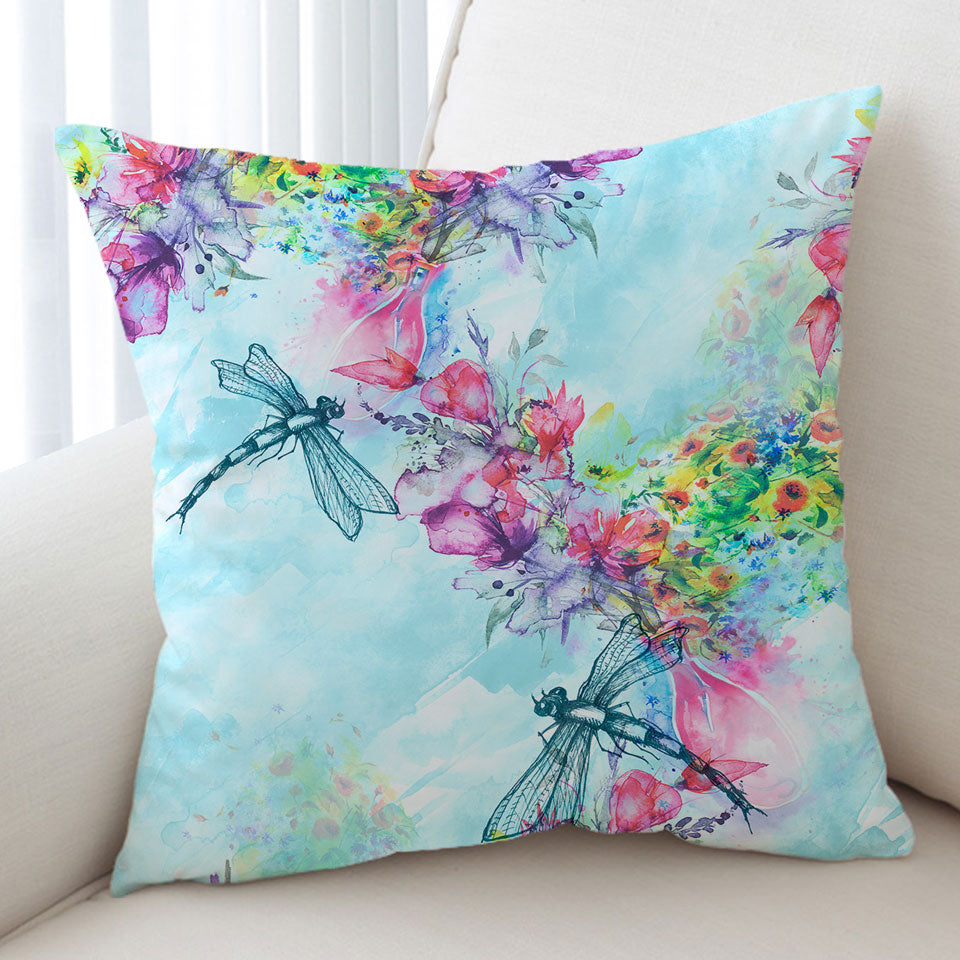 Art Decorative Pillows Painting Flowers and Dragonflies