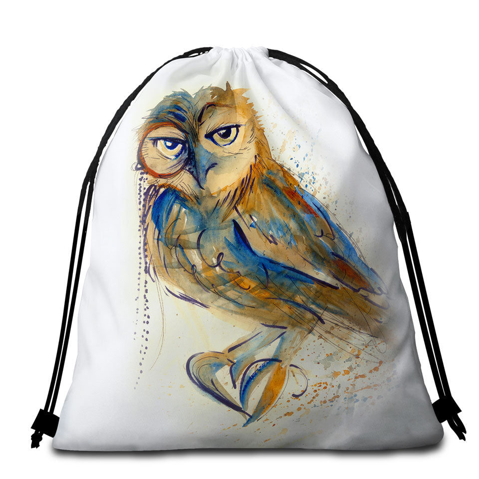 Art Drawing Beach Towel Bags with Sophisticated Owl