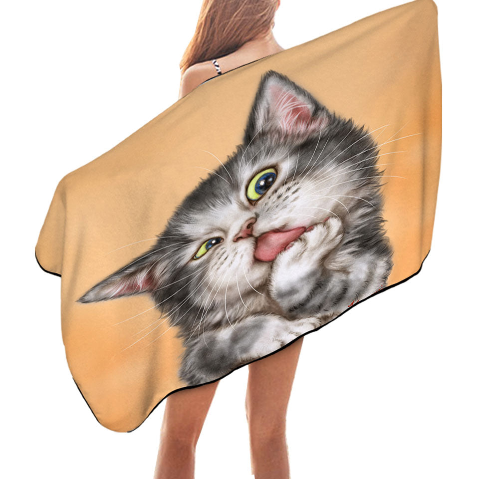 Art Drawing Beach Towel Cats Beautiful Licking Grey Kitten