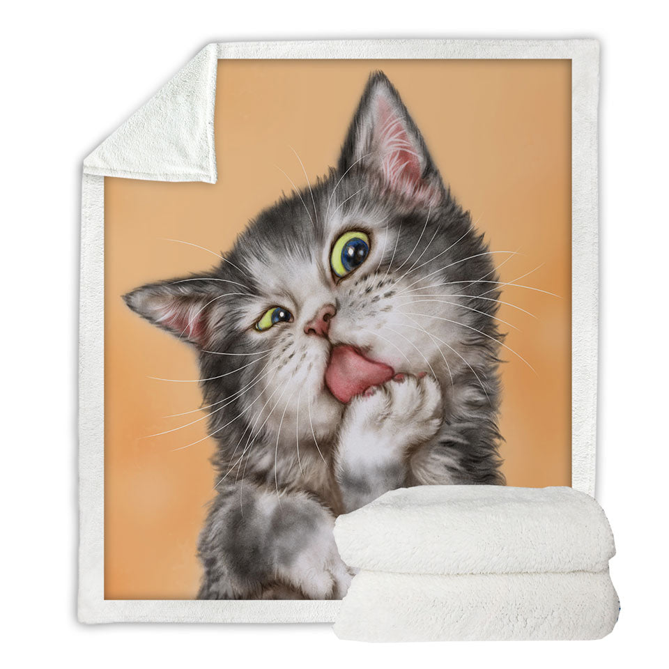 Art Drawing Kids Sherpa Blankets Cats Beautiful Licking Grey Kitten