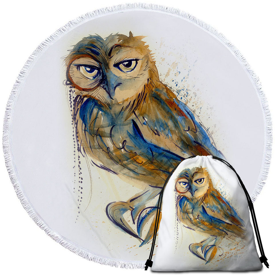 Art Drawing Round Beach Towel with Sophisticated Owl