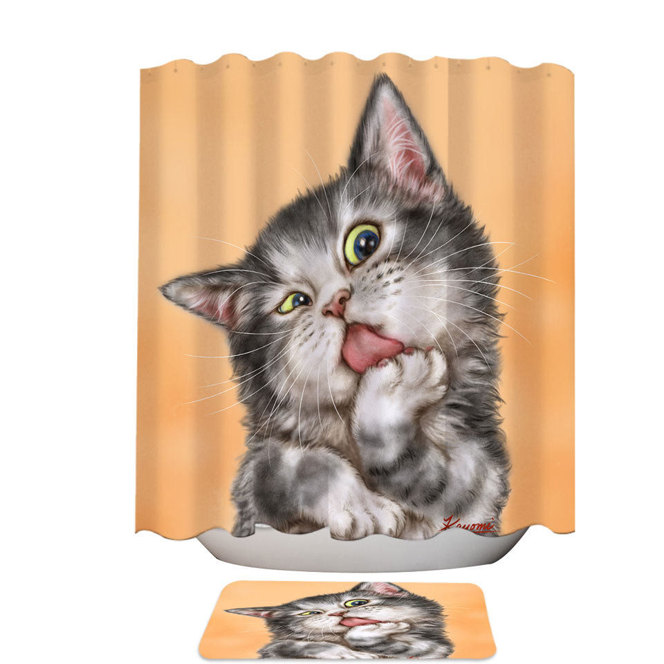 Art Drawing Shower Curtains and Bath Rugs Cats Beautiful Licking Grey Kitten