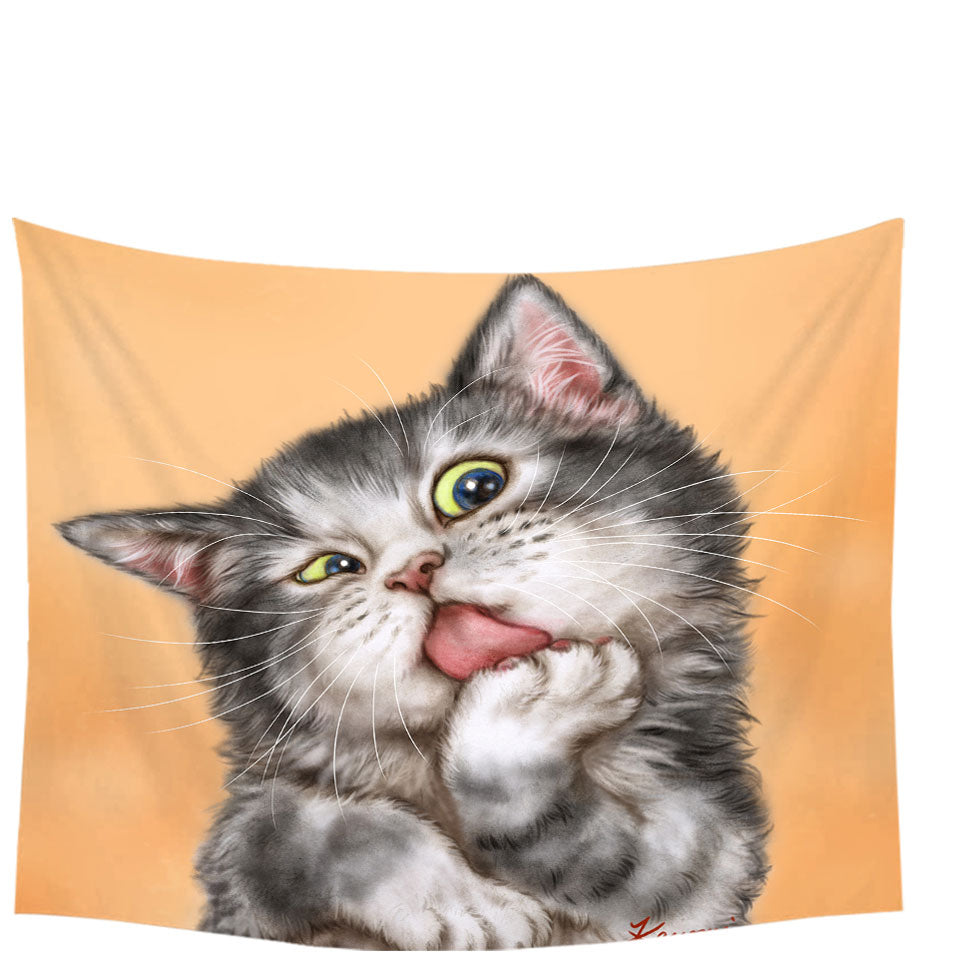 Art Drawing Wall Decor Prints and Tapestry Cats Beautiful Licking Grey Kitten