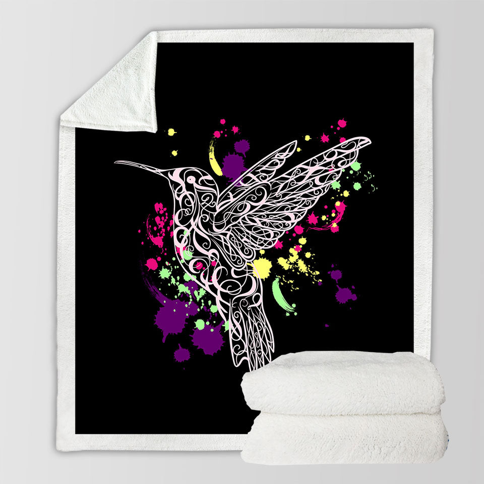 Art Fleece Blanket with Multi Colored Splashes and Pinkish Hummingbird