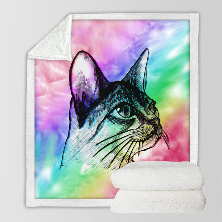 Art Fleece Blankets Cat Drawing over Colorful Fog
