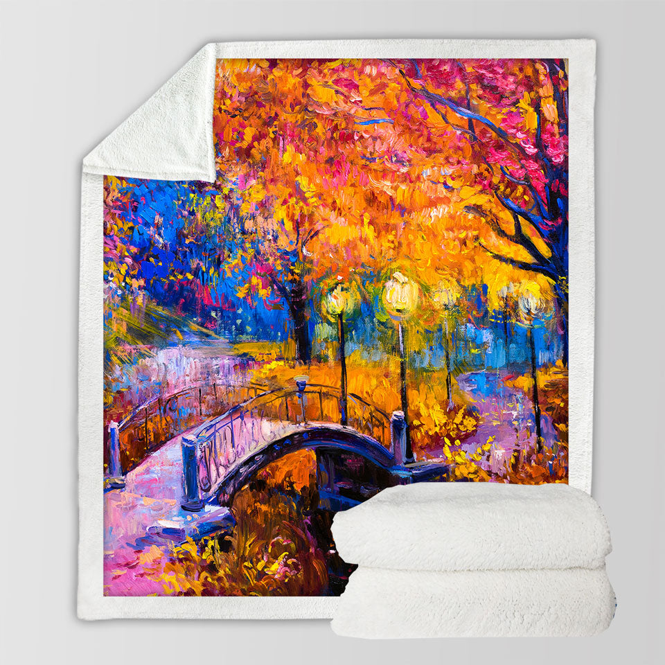 Art Fleece Blankets Wooded Park and Bridge Gorgeous Autumn Art