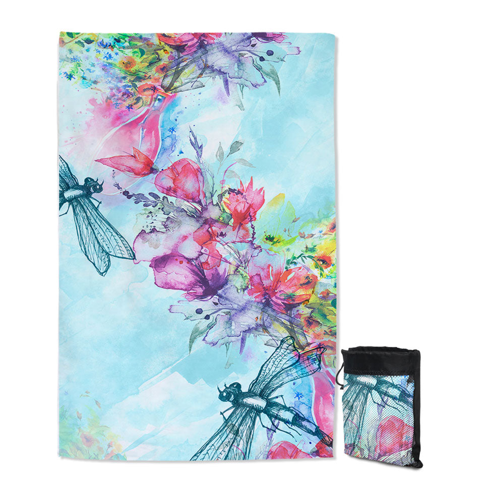 Art Lightweight Beach Towel Painting Flowers and Dragonflies