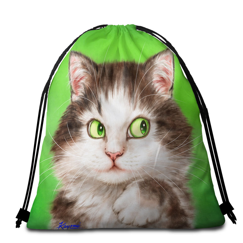 Art Painted Beach Towel Bags Mysterious Green Eyes Cat