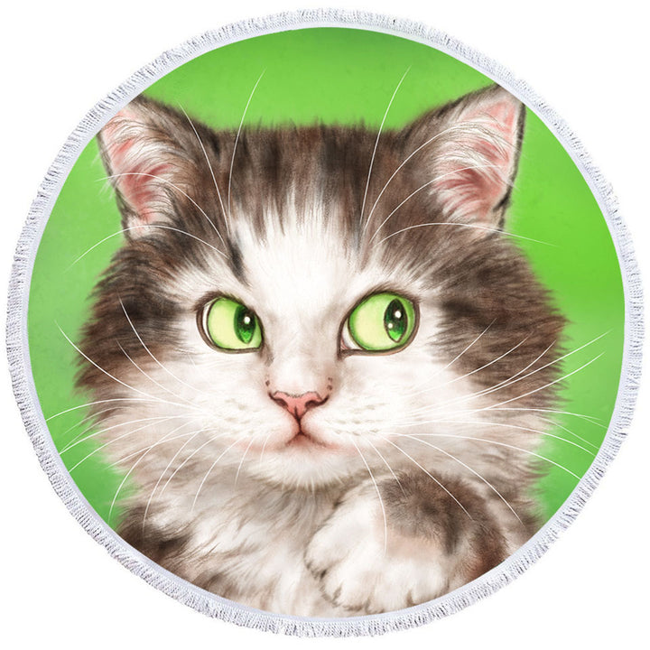 Art Painted Circle Round Beach Towel Mysterious Green Eyes Cat