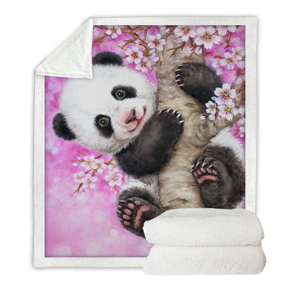 Art Painted Design Cherry Blossom Panda Fleece Blankets
