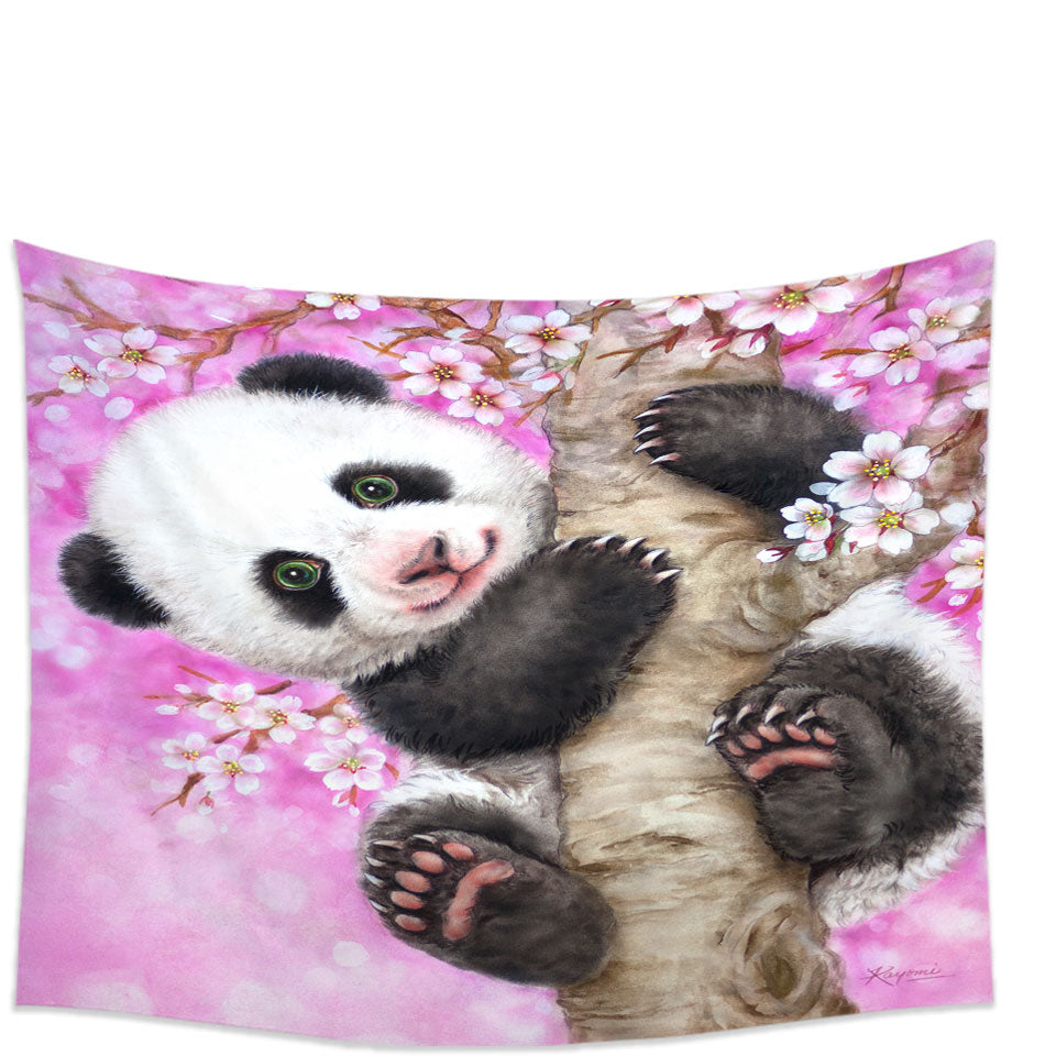 Art Painted Design Cherry Blossom Panda Tapestry Wall Decor