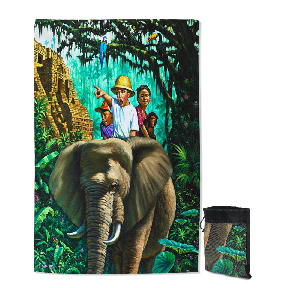 Art Painted Elephant Monkey and Jungle Kids Beach Towels for Sale