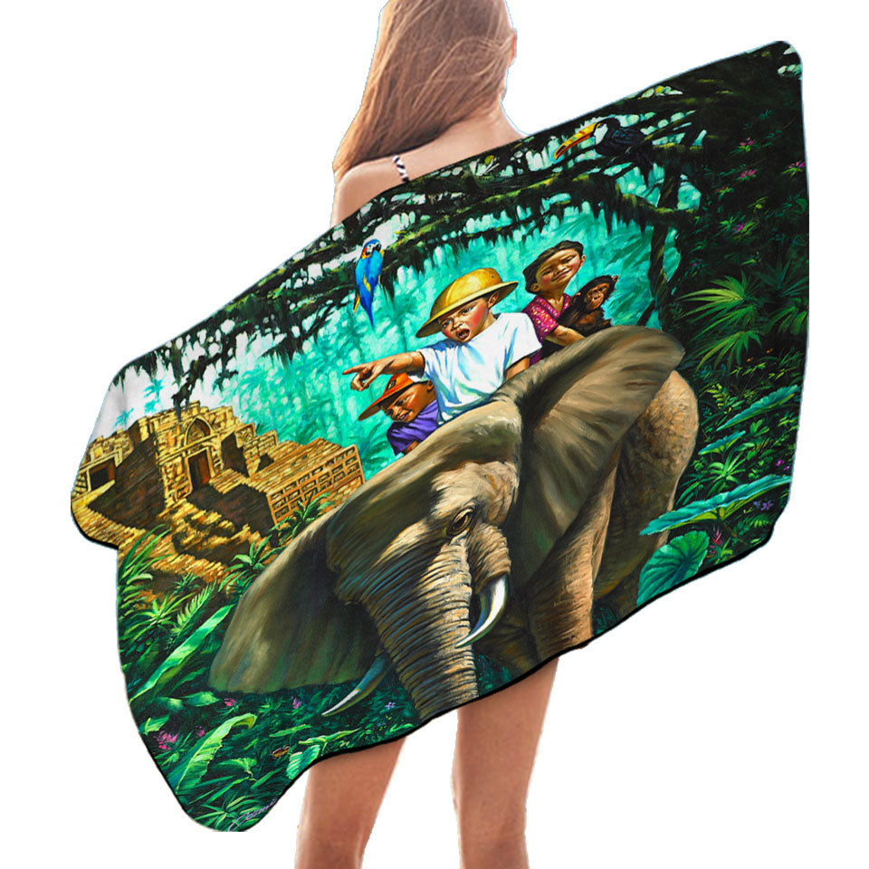 Art Painted Elephant Monkey and Jungle Kids Beach Towels