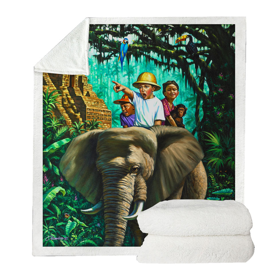 Art Painted Elephant Monkey and Jungle Kids Throws