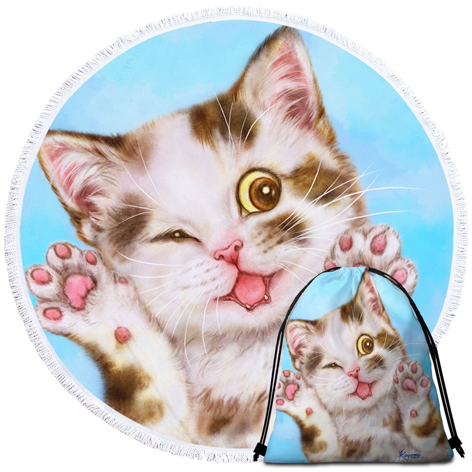 Art Painted Round Beach Towel Cats Cute Brown Spotted Kitten