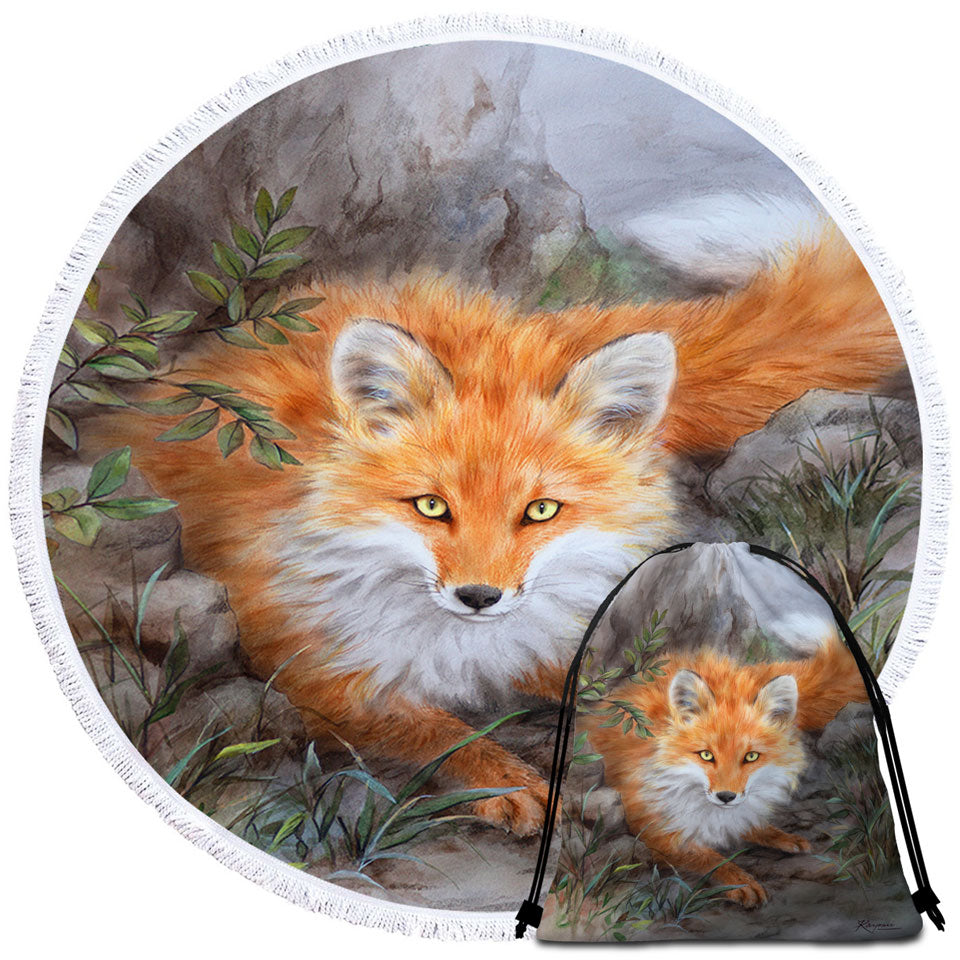 Art Painting Autumn Fox in the Wild Round Beach Towel