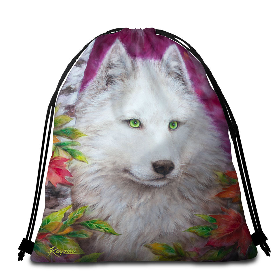 Art Painting Autumn White Lady Wolf Beach Towel Bags