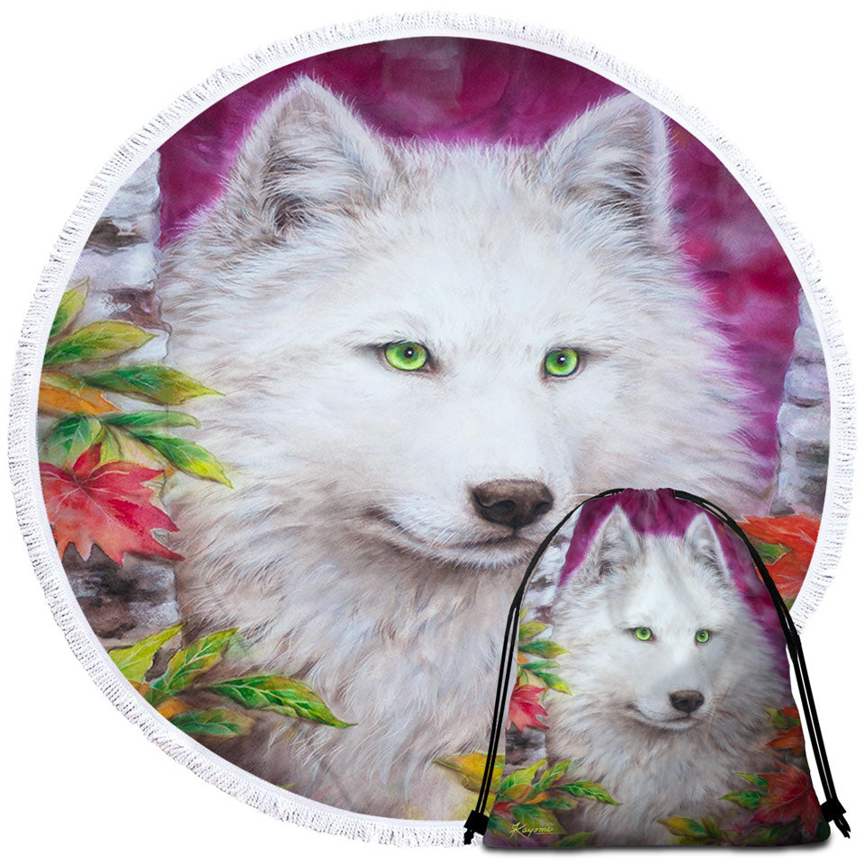 Art Painting Autumn White Lady Wolf Beach Towels and Bags Set