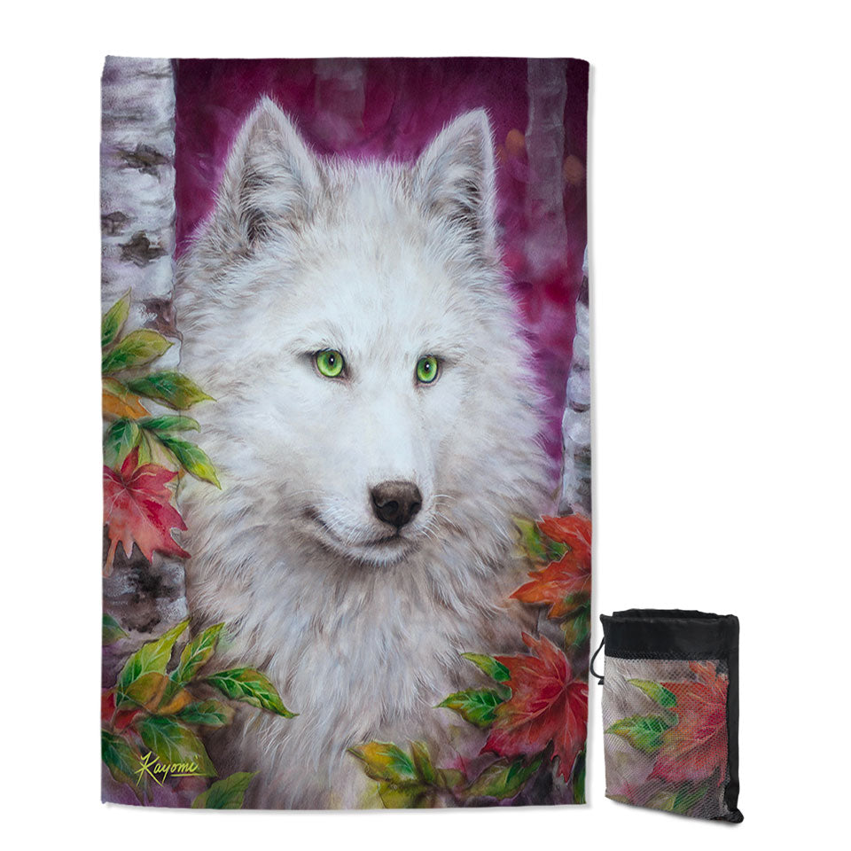 Art Painting Autumn White Lady Wolf Beach Towels