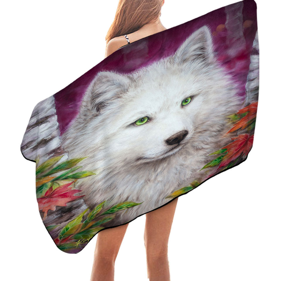 Art Painting Autumn White Lady Wolf Microfiber Beach Towel