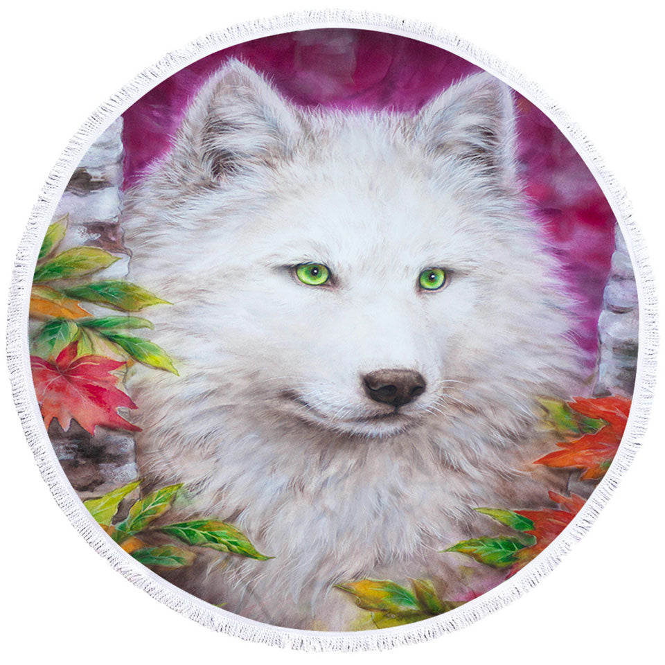 Art Painting Autumn White Lady Wolf Round Beach Towel