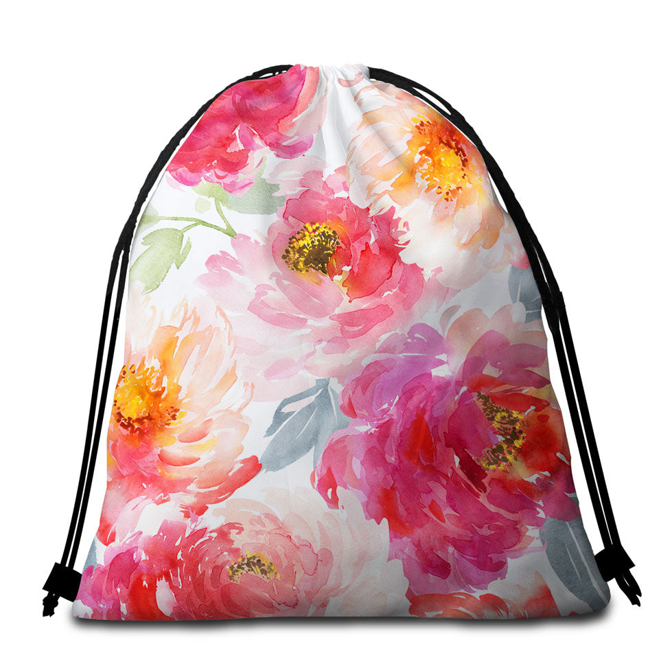 Art Painting Beach Bags and Towels Peach Red Flowers