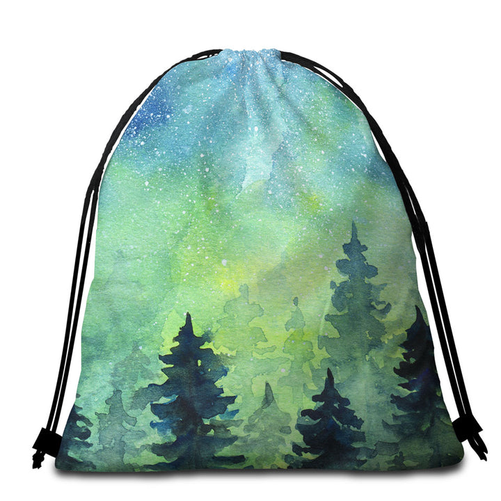 Art Painting Beach Bags and Towels of Green Night Pine Forest