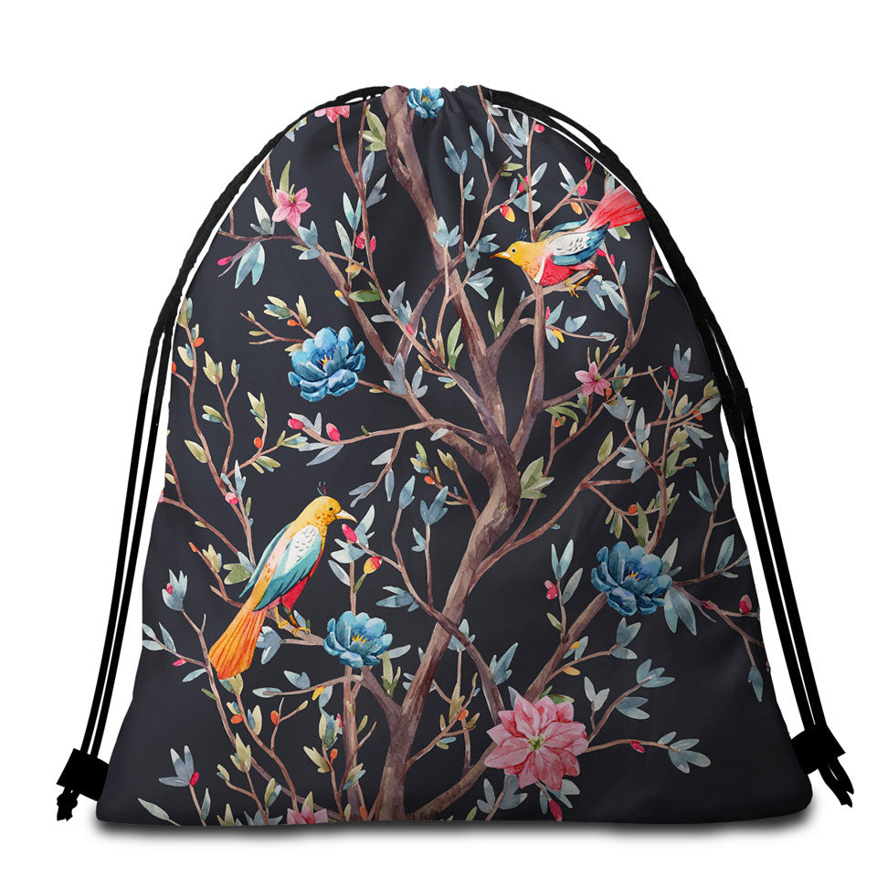 Art Painting Beach Towel Bags Flowering Bird Tree