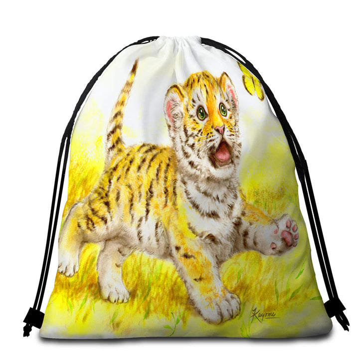 Art Painting Beach Towel Bags for Kids Butterfly and Baby Tiger