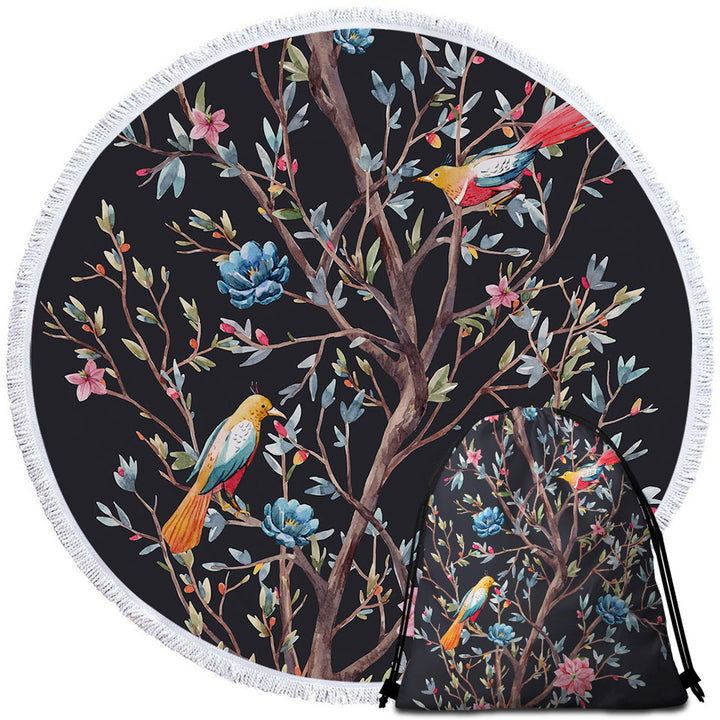 Art Painting Beach Towels Flowering Bird Tree