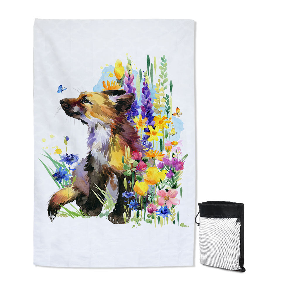 Art Painting Beach Towels Flowers and Cute Fox