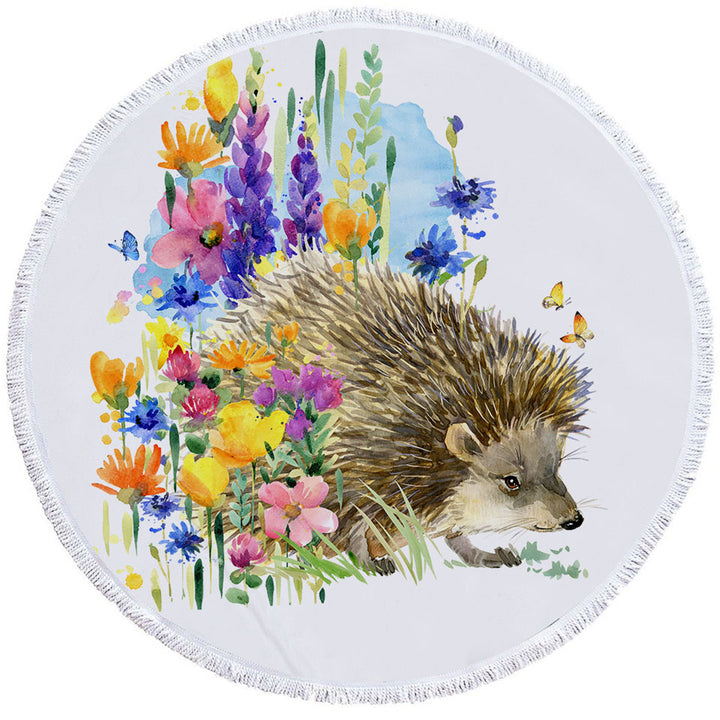 Art Painting Beach Towels and Bags Set Flowers and Cute Hedgehog