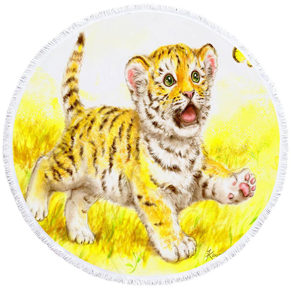 Art Painting Beach Towels for Kids Butterfly and Baby Tiger Round Towel