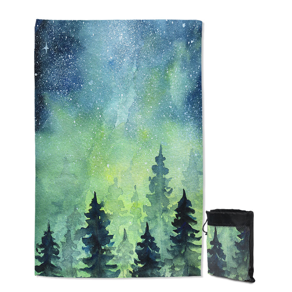 Art Painting Beach Towels of Green Night Pine Forest
