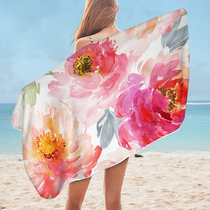 Art Painting Beautiful Beach Towels Peach Red Flowers
