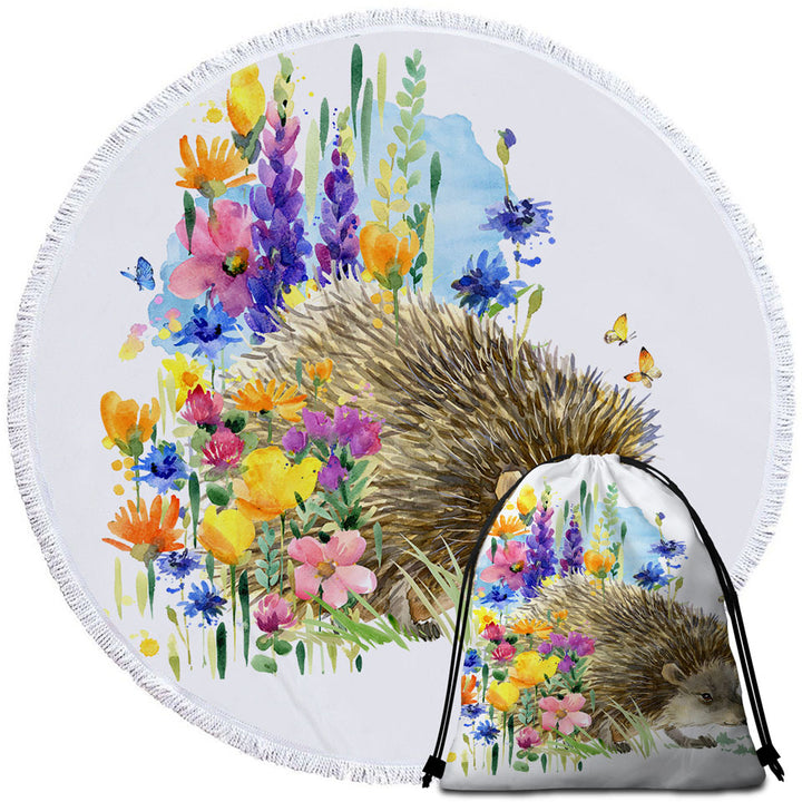 Art Painting Big Beach Towels Flowers and Cute Hedgehog