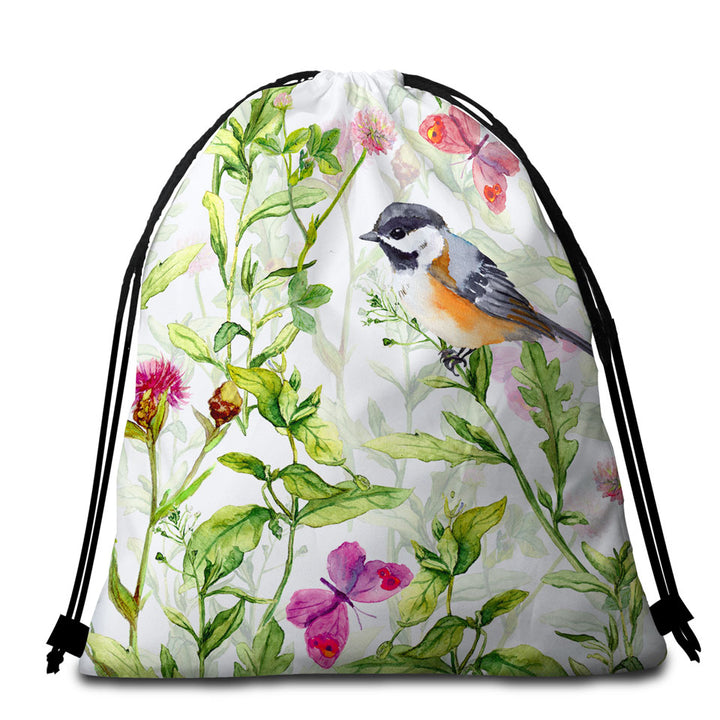Art Painting Bird and Butterflies with Flowers Beach Bags and Towels