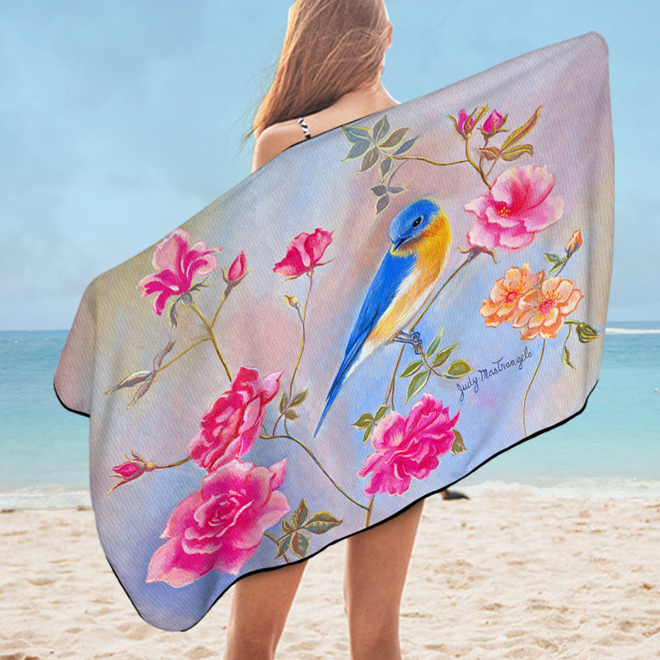 Art Painting Blue Bird in Roses Beach Towels