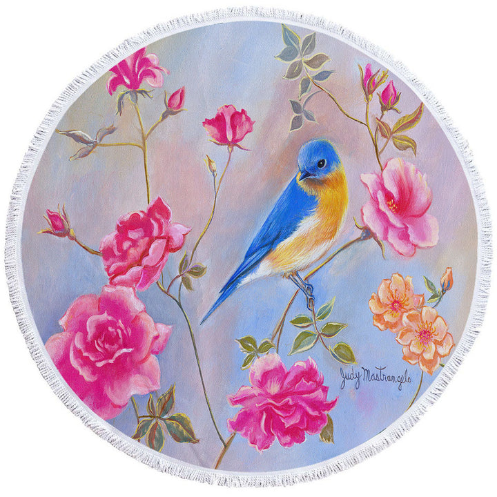 Art Painting Blue Bird in Roses Microfiber Beach Towel