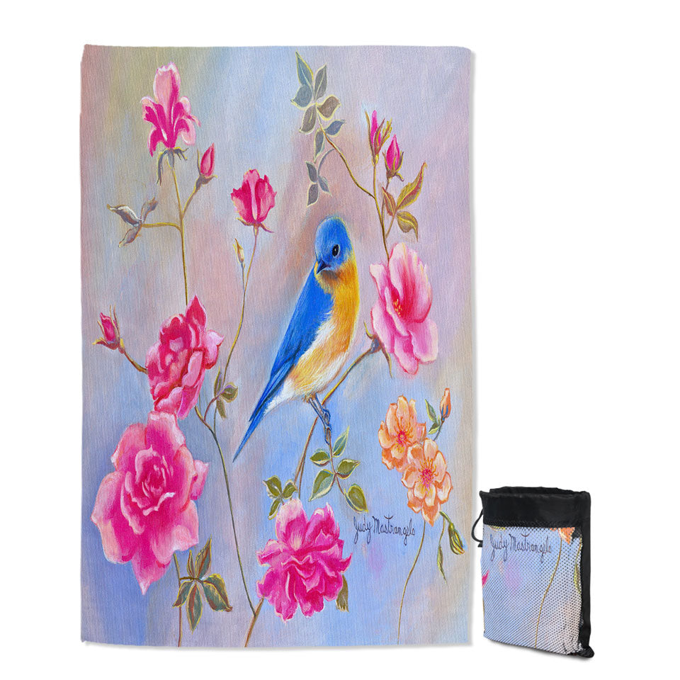 Art Painting Blue Bird in Roses Quick Dry Beach Towel